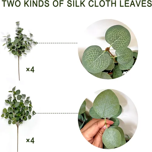 Vista 2 de 8 tallos de eucalipto artificiales, ramas de vegetación sintética para Verde-001