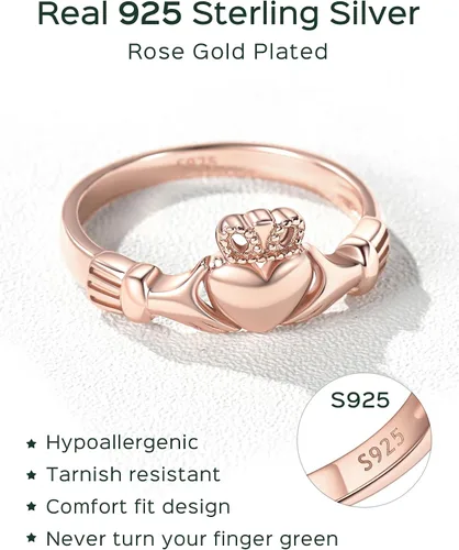 Vista 4 de ChicSilver Anillo Claddagh con nudo celta, plata de ley 925, anillos irlandeses 03. Claddagh-oro rosa