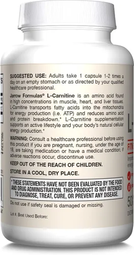 Vista 9 de Jarrow Formulas L-Carnitina 500 mg - Cofactor importante para la producción de energía (ATP) a partir de grasas - L-carnitina como tartrato