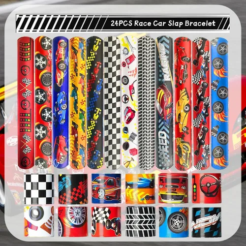 Vista 2 de CZWXOXO 24 Piezas Decoraciones de Fiesta de Coches de Carreras Favores Pulsera de Carreras Pulseras de Carreras Pulseras de Palmada a Cuadros