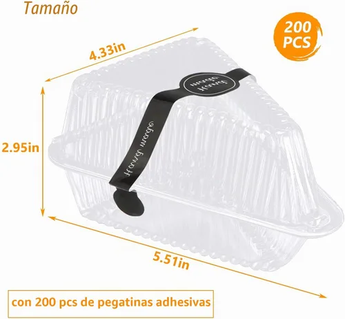 Vista 2 de 200 recipientes para rebanadas de pastel con tapas, recipientes de plástico transparente con bisagras para tarta de queso, cajas individuales Regular