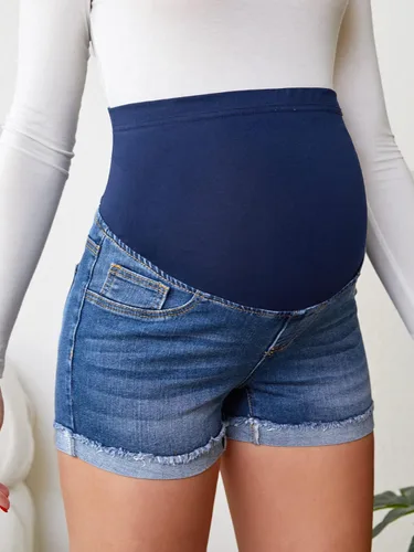Vista 5 de Verdusa Pantalones cortos de mezclilla de maternidad para mujer, cintura alta, rasgados, dobladillo sin procesar, pantalones cortos de embarazo