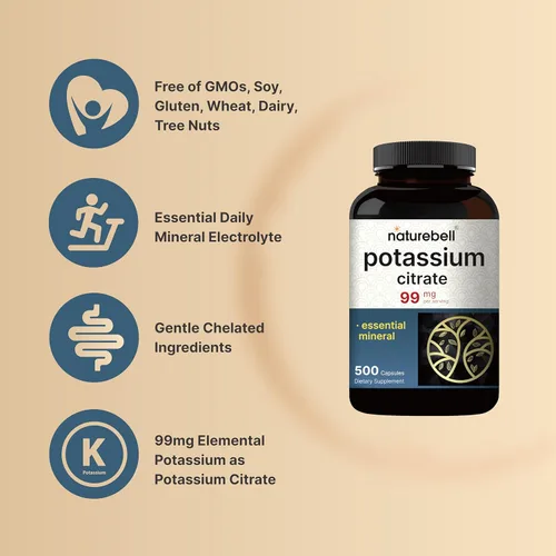 Vista 4 de NatureBell Citrato de potasio 99 mg, 500 cápsulas - Suplementos minerales quelatados - Sin OMG, sin gluten