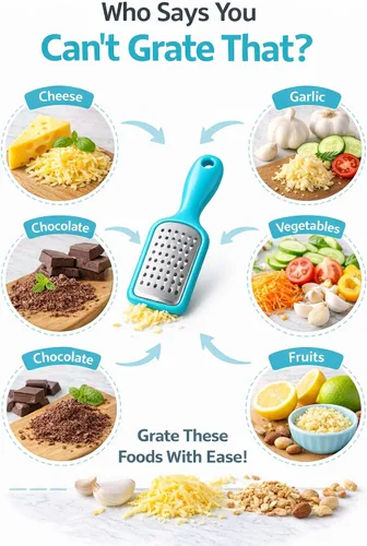 Vista 4 de Mini rallador de acero inoxidable para queso, ajo, nuez moscada, chocolate, 5 pulgadas, sin BPA (azul)