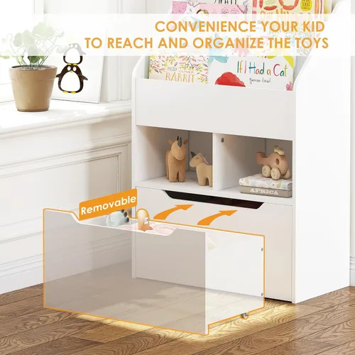 Vista 4 de UTEX Estantería para niños con caja de juguetes móvil, estante para libros y almacenamiento de juguetes, estante de exhibición de libros para niños