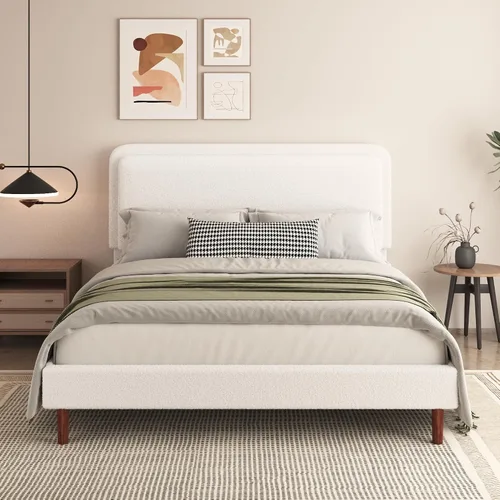 Vista 9 de Marco de cama tapizado Boucle de tamaño matrimonial con cabecera ajustable, plataforma de nube, patas de madera maciza, no necesita somier, fácil