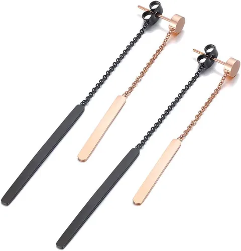Vista 3 de Aretes geométricos negros para mujer, de acero inoxidable, hipoalergénicos, hechos a mano, aretes colgantes de oro rosa, gruesos y delicados aretes