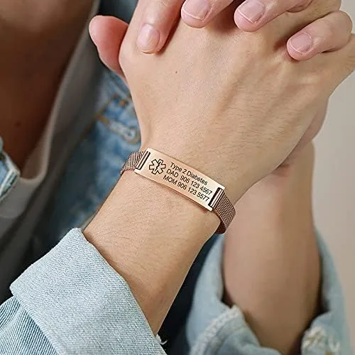 Vista 4 de VNOX Medical Alert Bracelets for Men & Women Kids with Free Engraving Adjustable Stainless Steel Mesh Emergency Medical ID Bracelets Wristband