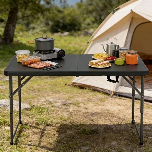 Vista 2 de Mesa Plegable de 4 Pies de Altura Ajustable con Asa Incorporada, Mesa Plegable Portátil de Servicio Pesado de 4 Pies con Patas de Acero