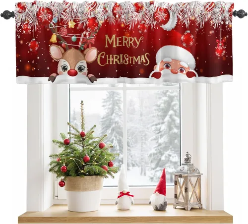 Vista 25 de Christmas Valances for Windows Kitchen Curtains Christmas Balls Bell Window Valance, Gold Star Snowflake Pine Needle Short Topper Window Curtain