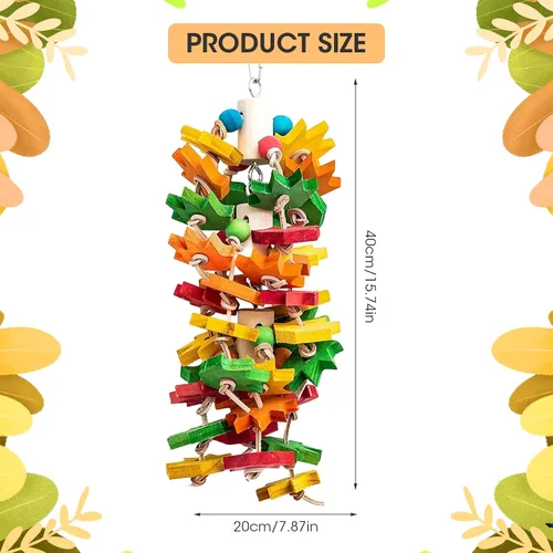 Vista 2 de Juguete masticable para pájaros grandes y pequeños, bloque de madera natural con diseño de hoja de arce multicolor, recorte de pico para cacatúas