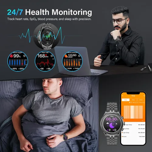 Vista 5 de Reloj inteligente con bisel giratorio 2026 para hombre con llamada Bluetooth, frecuencia cardíaca, presión arterial, SpO2, monitor de sueño, reloj