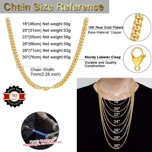 Vista 6 de ChainsHouse Cuban Chain Necklace for Men Women 18K Real Gold Plated Stainless Steel Miami Curb Chains 18202224262830 Length4mm7mm Wide