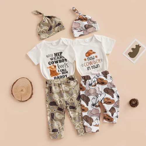 Vista 2 de SAYOO Western Newborn Baby Boys Cowboy Outfit Cow Print Letter Bodysuit Long Leggings Cap 3pcs Infant Boy Country Clothes