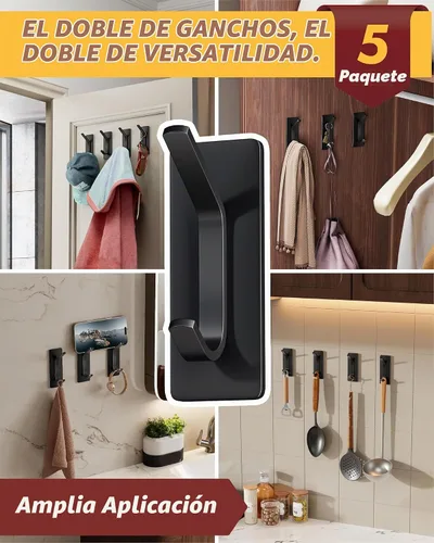 Vista 5 de Auxmir Ganchos adhesivos dobles, paquete de 5 ganchos de acero inoxidable 3.15"x1.18"-Negro