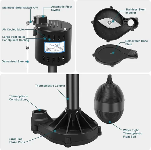 Vista 2 de Pedestal Sump Pump Thermoplastic Pedestal Pump 1/3 HP 45GPM-Black Vertical Float Switch, Stainless Steel Impeller, 10 Ft Cord Line, Fits in 12