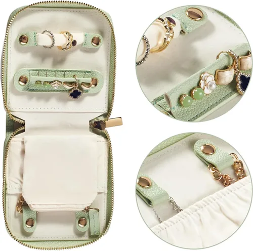 Vista 5 de FEMIECHO Estuche organizador de joyas de viaje, para collares, aretes, anillos, pulseras, artículos esenciales de viaje, bolsas de viaje portátiles