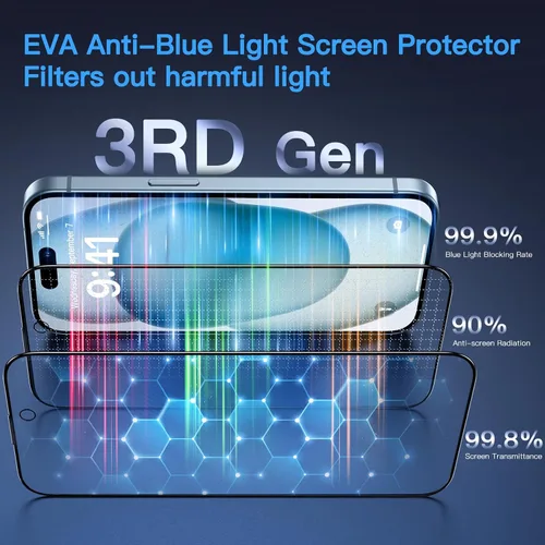 Vista 2 de Uyiton Protector de pantalla anti-luz azul para iPhone 15, protector de pantalla de vidrio irrompible de cobertura completa, resistente a