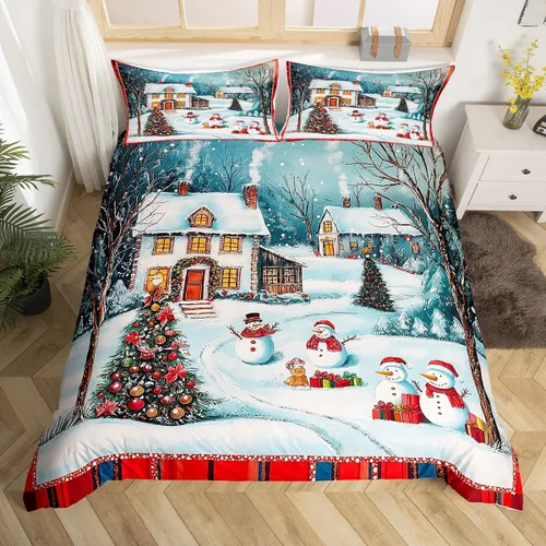 Vista 21 de Juego de funda de edredón con diseño de ciervo de cabaña, tamaño twin, juego de ropa de cama rústica de tablón de madera de árbol de Navidad