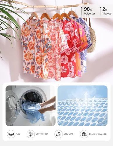 Vista 5 de GRACE KARIN Blusas florales bohemias para mujer, camisas casuales de verano de manga corta abombada, blusa de trabajo de vacaciones con cuello en V