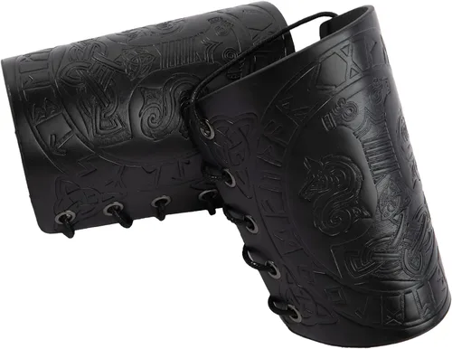 Vista 4 de Brazaletes vikingos de cuero sintético, muñequera de guantelete de cuero, brazaletes medievales, armadura de brazo, caballero LARP, 2 piezas