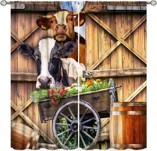 Vista 7 de Cortinas de vaca de animales de granja, ventana con estampado de girasol y vida silvestre del oeste para dormitorio, bolsillo para barra de madera