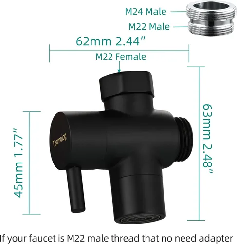 Vista 5 de Tecmolog Válvula desviadora de grifo de latón con aireador y adaptador roscado macho M22 a M24, divisor desviador de fregadero de 3 vías negro