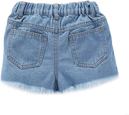 Vista 7 de Conjunto de 2 piezas de verano para niños pequeños con hombros descubiertos encaje floral con pantalones cortos rasgados pantalones de mezclilla