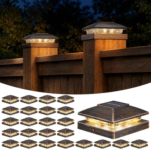 Vista 23 de APONUO Luces solares para postes de 4 x 4 – IP64 impermeable, blanco cálido, luces inalámbricas de valla y luces de cubierta para patios, jardines
