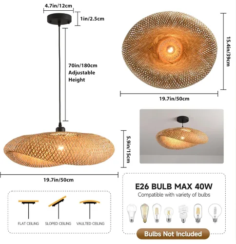 Vista 6 de lámpara colgante de bambú de 19.7 pulgadas estilo granja con enrejado de ratán para comedor, luces boho, accesorio de iluminación para isla