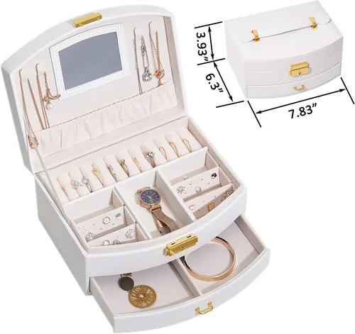 Vista 5 de The Jewellery Pak Caja organizadora de joyas de lujo de color blanco, espejo de piel sintética de alta calidad, exterior de terciopelo suave al