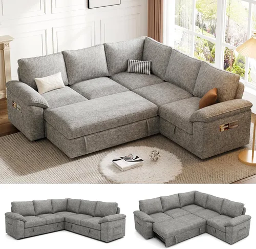 Vista 26 de Sofá Seccional Modular de 85 Pulgadas con Cama Extraíble, Sofá Cama Seccional en Forma de L de 5 Asientos con Almacenamiento, Sofás Seccionales