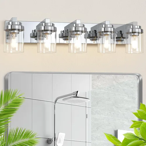 Vista 11 de Luces de tocador, lámparas de baño de 38 pulgadas sobre espejo, 6 luces de tocador de baño con pantalla de vidrio transparente, lámparas de pared