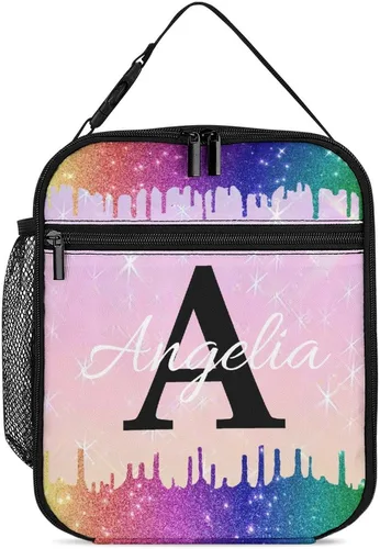 Vista 19 de Bolsa de almuerzo con nombre personalizado para hombres y mujeres, con monograma de purpurina azul, hielera, portátil, con nombre, para niñas