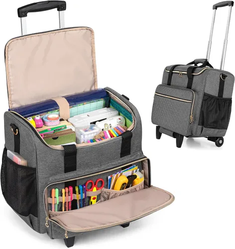 Vista 9 de LUXJA Bolsa de manualidades con ruedas con bolsillos para álbum de recortes de 12 x 12 pulgadas y laptop, bolsa rodante para álbum de recortes