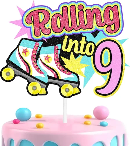 Vista 10 de Decoraciones retro para tartas de patinaje sobre ruedas para cumpleaños de 7 años, decoraciones enrollables, fiesta de cumpleaños de niños y niñas