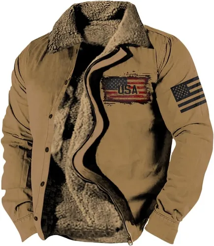 Vista 9 de LOAIHA Chaqueta de invierno para hombre, chaqueta de bandera estadounidense, abrigos occidentales para hombre, con cremallera, forro polar cálido