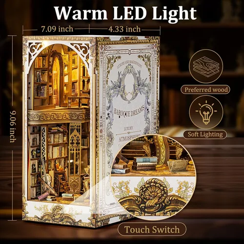 Vista 2 de Kit de rincón de libros de bricolaje, diorama de sujetalibros con LED, rompecabezas de madera 3D, kits de casa en miniatura para bricolaje