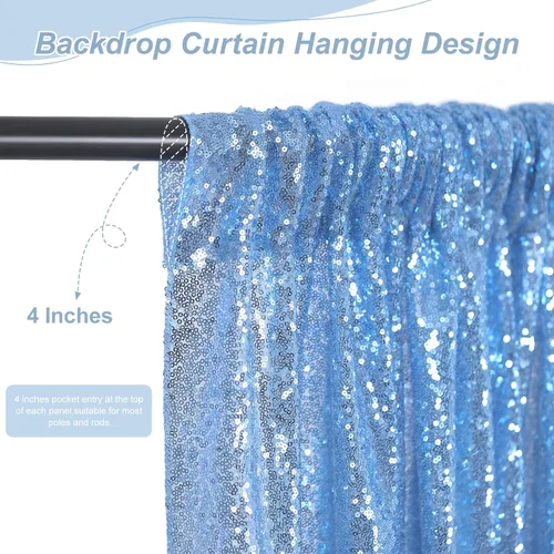 Vista 3 de Cortinas de fondo de lentejuelas con purpurina azul bebé, 2 piezas de 2 x 8 pies, telón de fondo de fiesta de baby shower para niños, hermosas