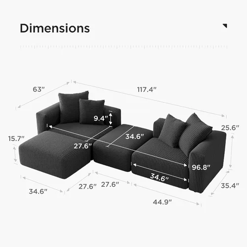 Vista 3 de Acanva - Sofá seccional modular convertible en forma de L de corduroy, sofá de esquina de 4 plazas con combinación libre, convertible a cama diurna