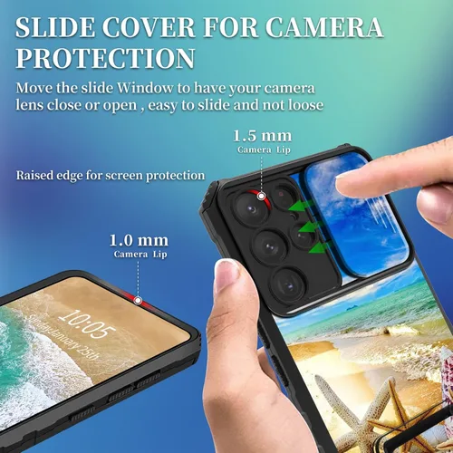 Vista 2 de FUYOCWE Funda para Samsung Galaxy S22 Ultra con cubierta para cámara deslizante, resistente Defender Kickstand Protector de lente de cámara Funda