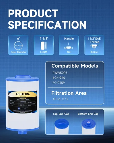 Vista 3 de AQUALTRA Filtro de spa compatible con PWW50P3 (rosca gruesa de 1 1/2 pulgadas), 6CH-940, FC-0359, Waterways 817-0050, 7 5/8 pulgadas x 6 pulgadas