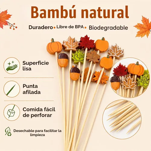 Vista 3 de 100 unidades de púas de cóctel de otoño de 12 cm, hojas, calabazas, bellotas, palillos de dientes decorativos elegantes de bambú, palillos