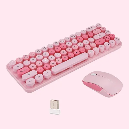 Vista 11 de Combo compacto de teclado y mouse inalámbricos, teclas redondas coloridas, 68 teclas sin sonido, adecuado para niñas y niños, compatible
