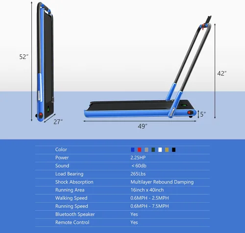 Vista 5 de Cintas de correr plegables para el hogar, 2 en 1, almohadilla portátil plegable debajo del escritorio, cintas de correr con modos de caminar y Azul