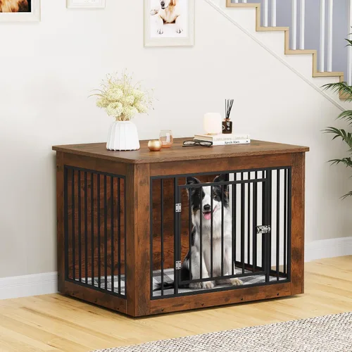 Vista 8 de YITAHOME Mueble de jaula para perros grandes, mesa auxiliar lateral, perrera moderna para perros de interior de hasta 60 libras, jaula de fusión