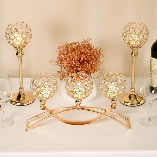 Vista 3 de Portavelas de cristal dorado decorativos con candelabro de 3 brazos, soporte para velas, pieza central de mesa, decoración para mesa de comedor
