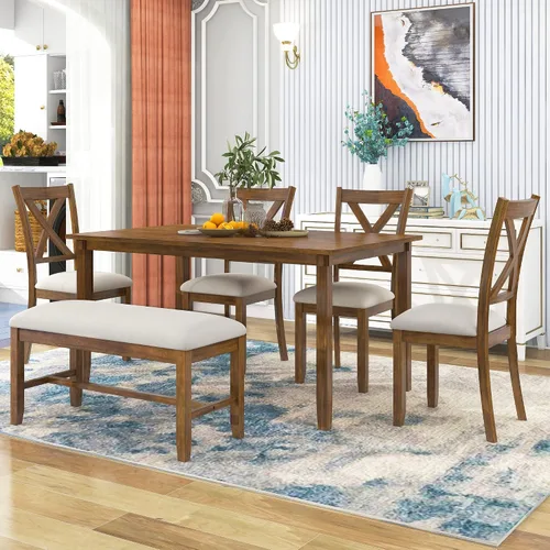 Vista 2 de Harper & Bright Designs Juego de mesa de comedor de 6 piezas, juego de mesa de comedor con mesa de comedor rectangular de madera, 4 sillas