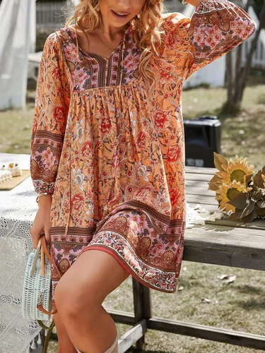 Vista 2 de TEMOFON Mini vestido bohemio para mujer verano floral 34 manga larga cuello en V fluido suelto casual vestidos de playa