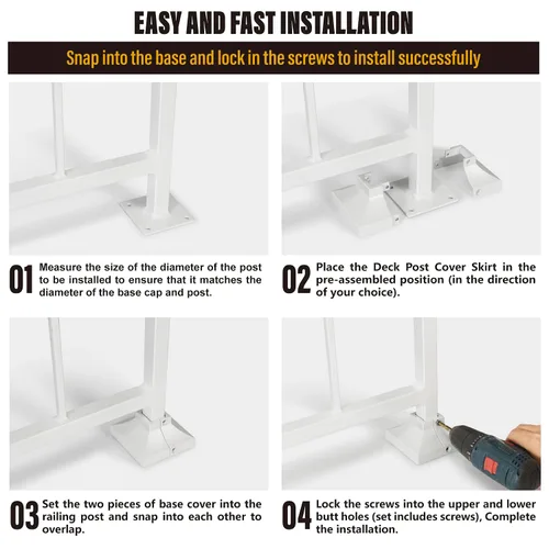 Vista 6 de Paquete de 4 cubiertas de base de poste de cubierta de aleación de aluminio (base de poste de 1 x 1 pulgada x 3.35 pulgadas), para pasamanos, Blanco